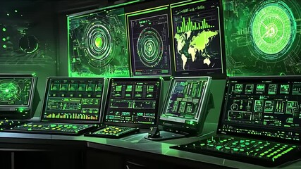 Futuristic Cyber Security Command Center Green Technology Control Room Interface - Powered by Adobe