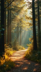 Obraz premium Sunlit Path Through a Forest of Towering Trees: Serene Natural Landscape with Golden Light