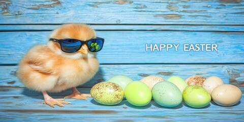 Cute chick in sunglasses with Easter eggs