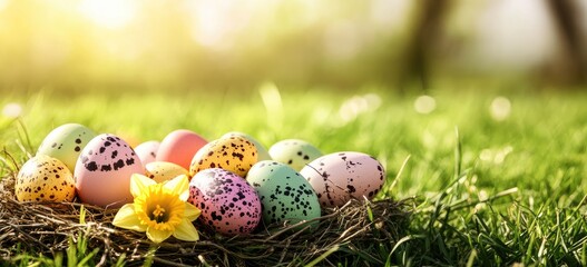Colorful Easter eggs in a nest, springtime scene