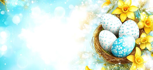 Easter eggs in a nest with flowers