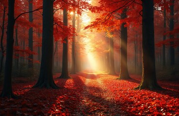 Fototapeta premium Vibrant autumn forest scene. Sunlight streams through the trees, illuminating the path. Fall foliage in red and orange colors. Nature landscape, forest trail creates peaceful mood.