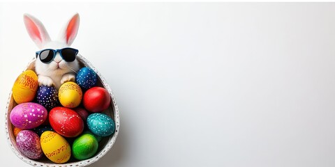 Cute bunny in sunglasses nestled among colorful Easter eggs