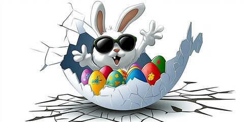 Easter bunny in cracked egg, sunglasses, and colorful eggs
