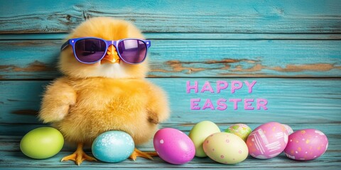 Cute chick in sunglasses with Easter eggs