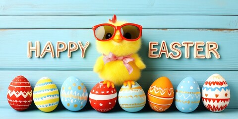 Cute chick with sunglasses and colorful eggs for Happy Easter