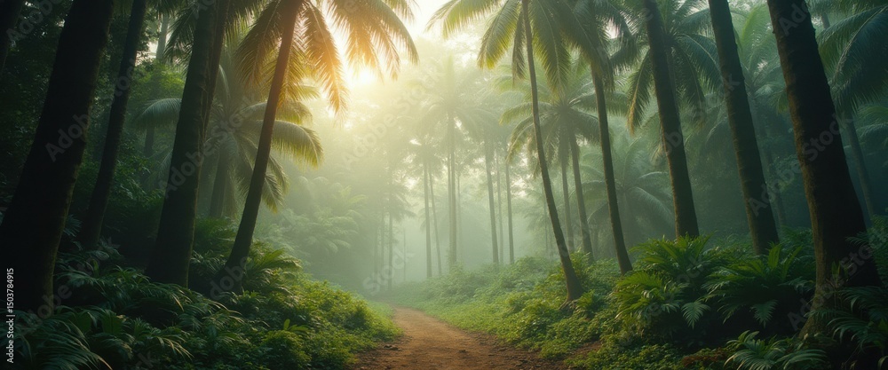 Poster Serene pathway through a foggy palm tree forest illuminated by sun rays, creating a tranquil and atmospheric scene for nature lovers
