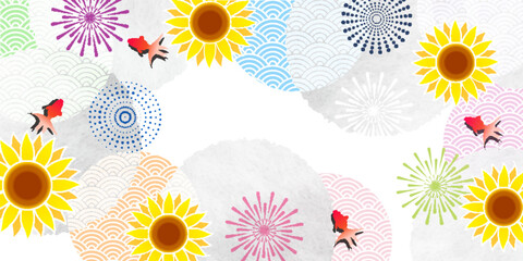 暑中見舞い　ひまわり　花火　背景