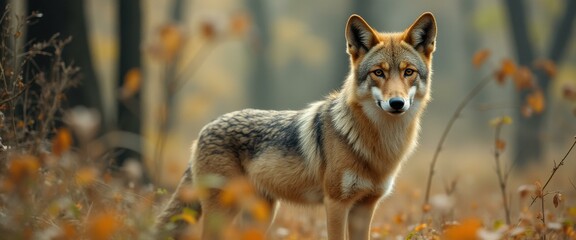 Fototapeta premium Majestic coyote stands alert in a sun-dappled autumnal forest, its keen gaze focused forward
