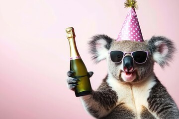 Koala with party hat, sunglasses, and champagne