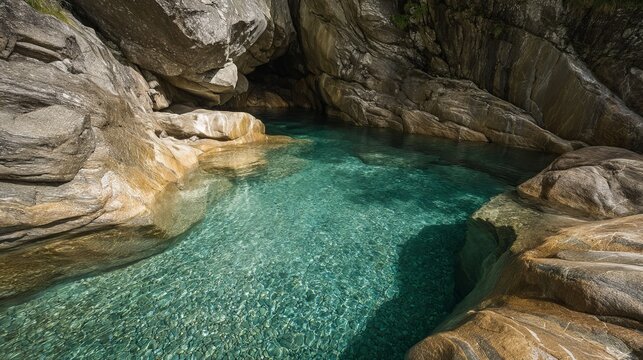 Turquoise water pool surrounded by rocks and boulders in a natural setting with sunlight shining