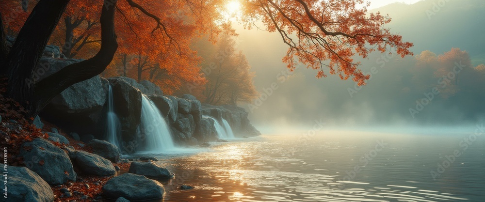 Poster Autumn landscape with waterfalls cascading into a misty lake, surrounded by trees with vibrant red leaves, creating a serene and scenic view
