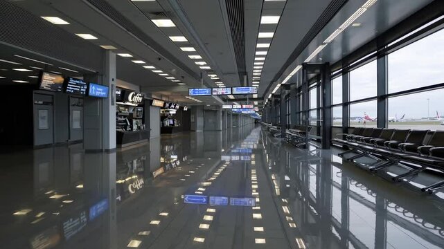 Travelers wait in a nearly empty airport terminal during early morning hours in a modern facility