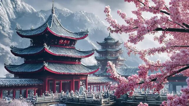Winter in China with a temple surrounded by cherry blossoms creating a serene landscape, china temple in the winter with cherry blossom flower tree, fantasy video