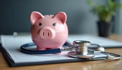 Piggy bank, stethoscope on paper. Financial health check, insurance concept. Savings, budget, medical care cost, health, safety, trust, service, protection, guarantee, policy, prevention, wellness,