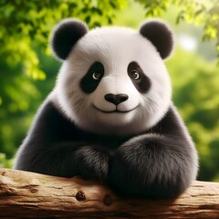 Obraz premium A Delightful Giant Panda Leaning Comfortably on a Log, its Sweet Smile Illuminating a Bright Green Forest Setting 