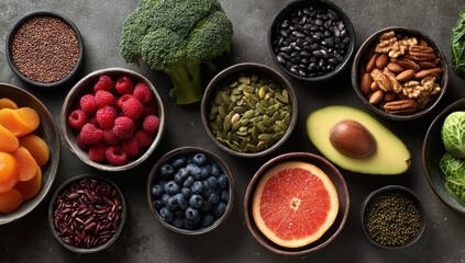 Variety of healthy superfoods on dark background