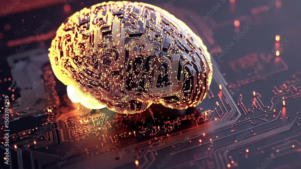 Poster futuristic glowing brain with intricate circuits and neural connections illuminating the dark enviro