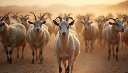 Fototapeta premium Group of white goats walk on road, sunset. Domestic animals for Islamic holiday Eid al-Adha sacrifice. Livestock at farm, animals for Eid. Focus on animals for religious ritual.