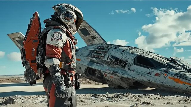 Astronaut exploring a desolate alien landscape with a crashed spacecraft in the background