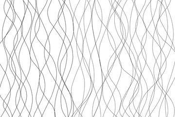 A seamless abstract pattern made of thin, wavy black lines on a white background. This minimalist and modern design is suitable for use in textile printing, wallpapers, backgrounds, packaging