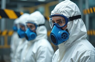 Team of male inspectors in PPE suits investigates chemical gas leak spill, danger zone. Workers wear protective face masks. Hazardous environment, industrial accident, contamination threat.