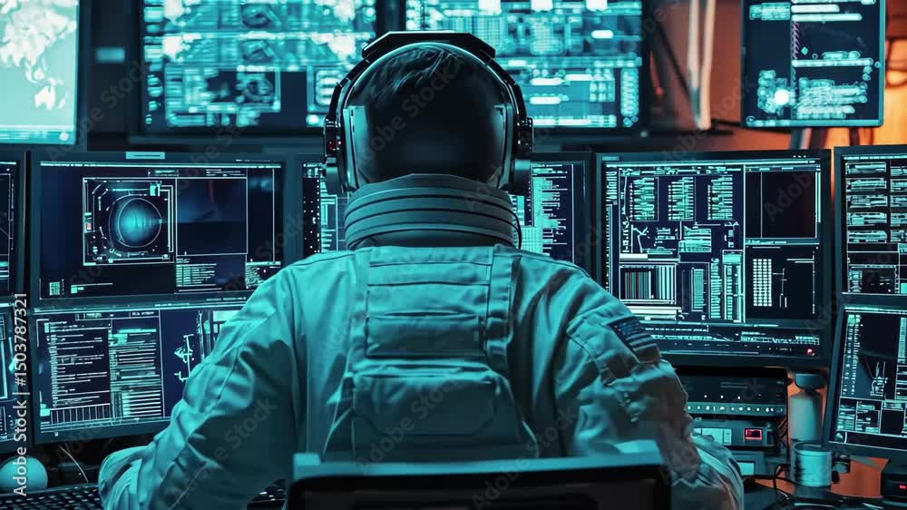 Poster astronaut working at a desk surrounded by multiple computer screens in a high-tech room, astronaut s