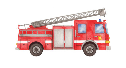 Watercolor Illustration of a Classic Red Firetruck with Ladder