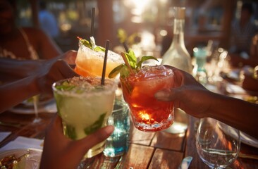 People toasting cocktails at outdoor gathering