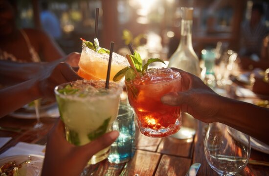 People toasting cocktails at outdoor gathering