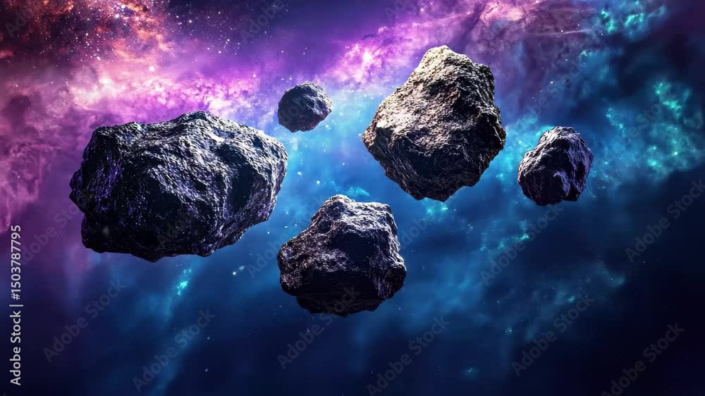 Wall mural floating asteroids drift through a vibrant cosmic backdrop in a futuristic setting, asteroids in a f