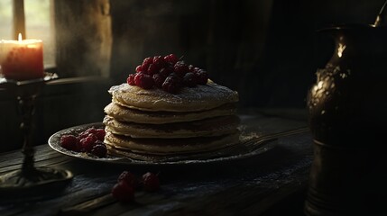 Stack of pancakes topped with raspberries and powdered sugar beside a lit candle on a wooden table