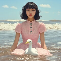 Woman in pink dress sits in water with duck