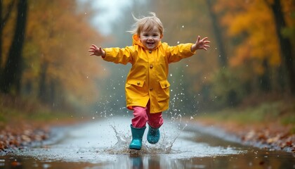 Joyful child jumps in puddle after rain. Smiling toddler wears yellow raincoat turquoise rain boots, pink trousers. Happy kid playing, enjoying rainy weather outside on autumn park road.