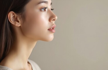 Naklejka premium Young woman profile portrait. Face, neck, shoulder, skin close-up. Natural beauty, skin care concept. Sensual, feminine look, healthy glow. Beauty studio, background, perfect smooth skin, eye makeup.