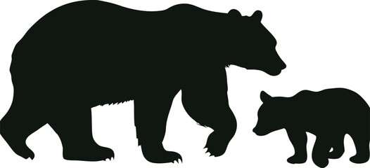 Bear and Cub Silhouette Walking Together on White Background
