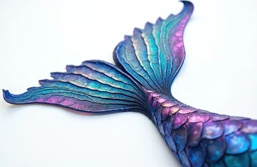 Papier peint photo Sirène Artistic illustration mermaid tail. Blue, turquoise, purple colors. Fantasy, aquatic creature, sea world. Magical underwater theme. Close up tail fin on white background.  © Viktor