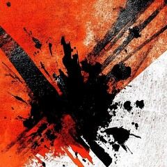 Abstract splattered painting of black, orange, and white