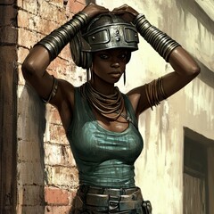 Dark-skinned woman in futuristic desert gear