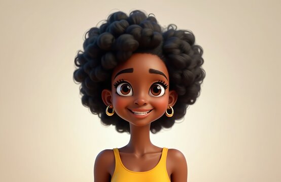 Smiling African cartoon character female teen in yellow top. Young black woman portrait in 3d style design on light background. Human feelings expression concept. Joyful cheerful afro girl smiling.