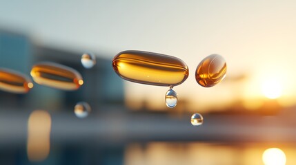 A serene scene of vitamins dissolving in water under soft, natural light