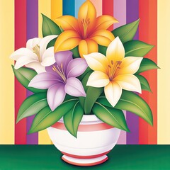 Vibrant lily bouquet in a patterned pot