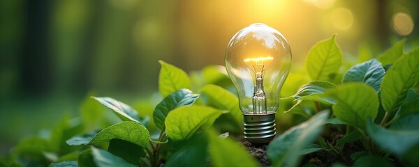 Bright light bulb inside fresh green leaves. Concept of green energy, eco technology. Symbol of innovative renewable resources, environment protection. Promoting clean power.