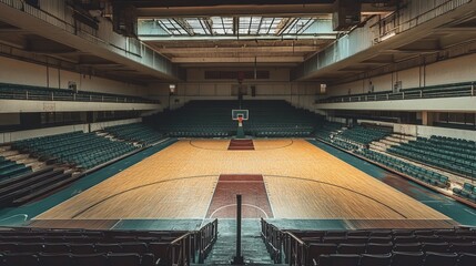 View of an indoor basketball court with wooden floor and green seating in a large arena space