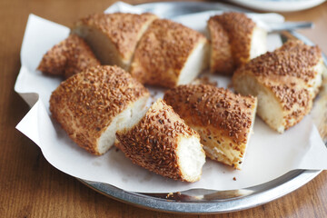 Freshly baked turkish simit on a serving tray