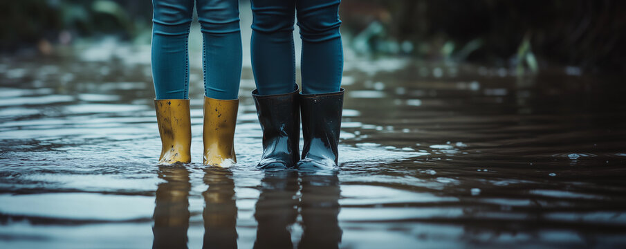 people standing flooded street gum boots water disaster insurance emergency jeans resilience family home safety flooding preparedness copy space weather storm climate awareness town city flood