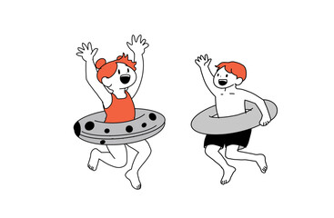 浮き輪でジャンプする子どもたちのイラスト（夏・海）