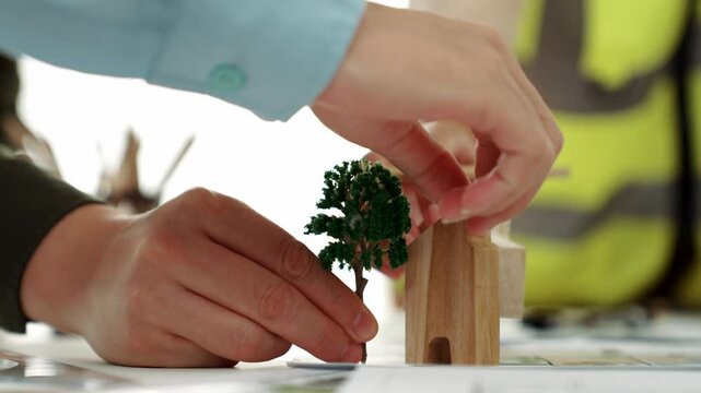 A video of architect using tree and home model to measure blueprint. Architect designing house construction on a table at studio, with architectural plan scattered around. Focus on hand. Delineation.