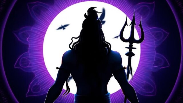 Lord Shiva wallpaper with a stunning silhouette holding a trident, perfect for spiritual designs, backgrounds, meditation apps, and religious themes.