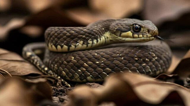 Capture a close-up of the snake&rsquo;s tongue flickering as it remains coiled and hidden beneath dry leaves. Focus on its unblinking stare and the glint of its scales as it calculates the perfect strike.